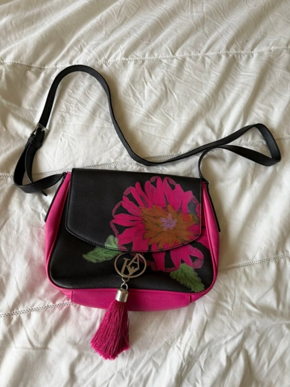Armani Jeans Black Pink Floral Crossbody Bag Tassel